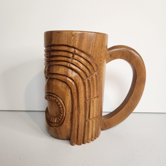 Vintage Huge Carved Wooden Tiki Mug Large Handle Monkey Pod Wood Barware Stein - Picture 4 of 11
